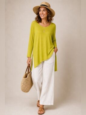 Eileen Fisher Fine Tencel Alpaca Scoop Neck Sweater Tunic Top Fern PP/PTP 2P-4P